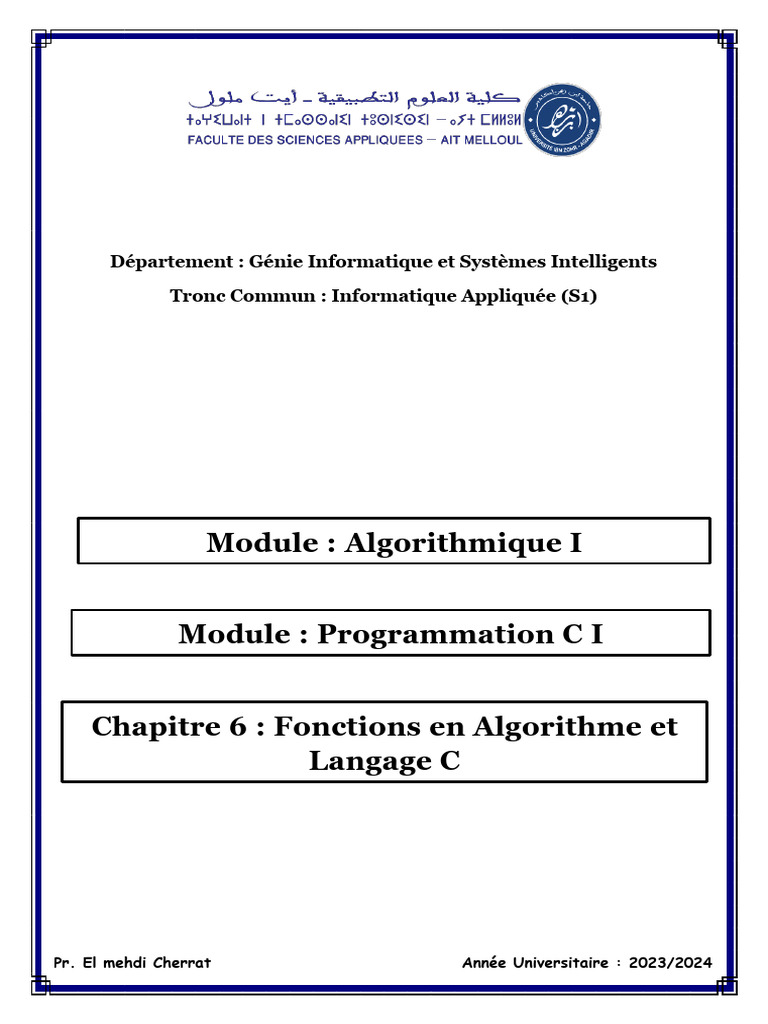 Chapitre 6 Fonctions en Algorithme Et Langage C | PDF | C (Langage de ...
