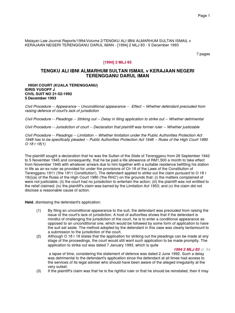 TENGKU ALI IBNI ALMARHUM SULTAN ISMAIL V KER  PDF  Pleading 