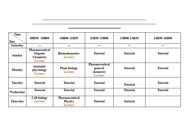 Pharmacy First Year Lecture Schedule 2025 | PDF