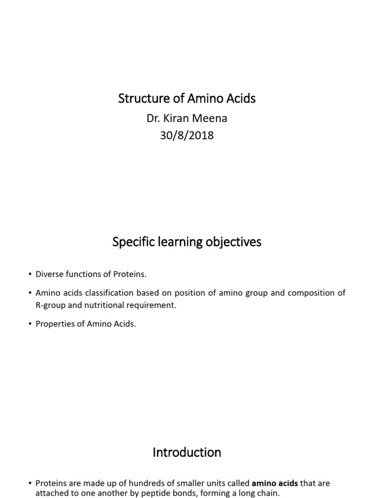 1020 Class 1 Structures of Amino Acids Dr. Kiran Meena 30-8-2018 | PDF ...