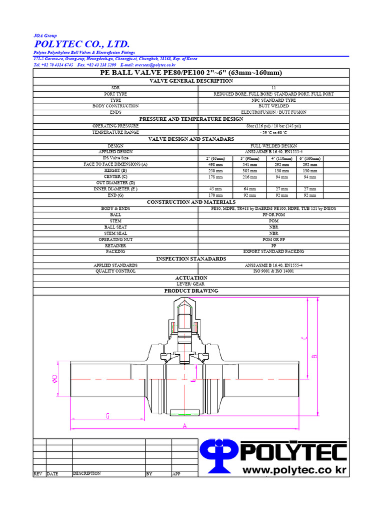 PE80/PE100 Ball Valve Specifications | PDF | Valve | Gas Technologies