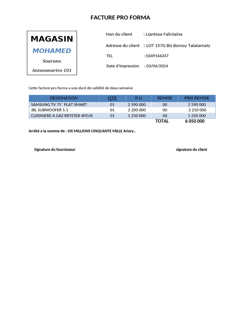 Facture Pro Forma - Liantsoa Faliniaina | PDF