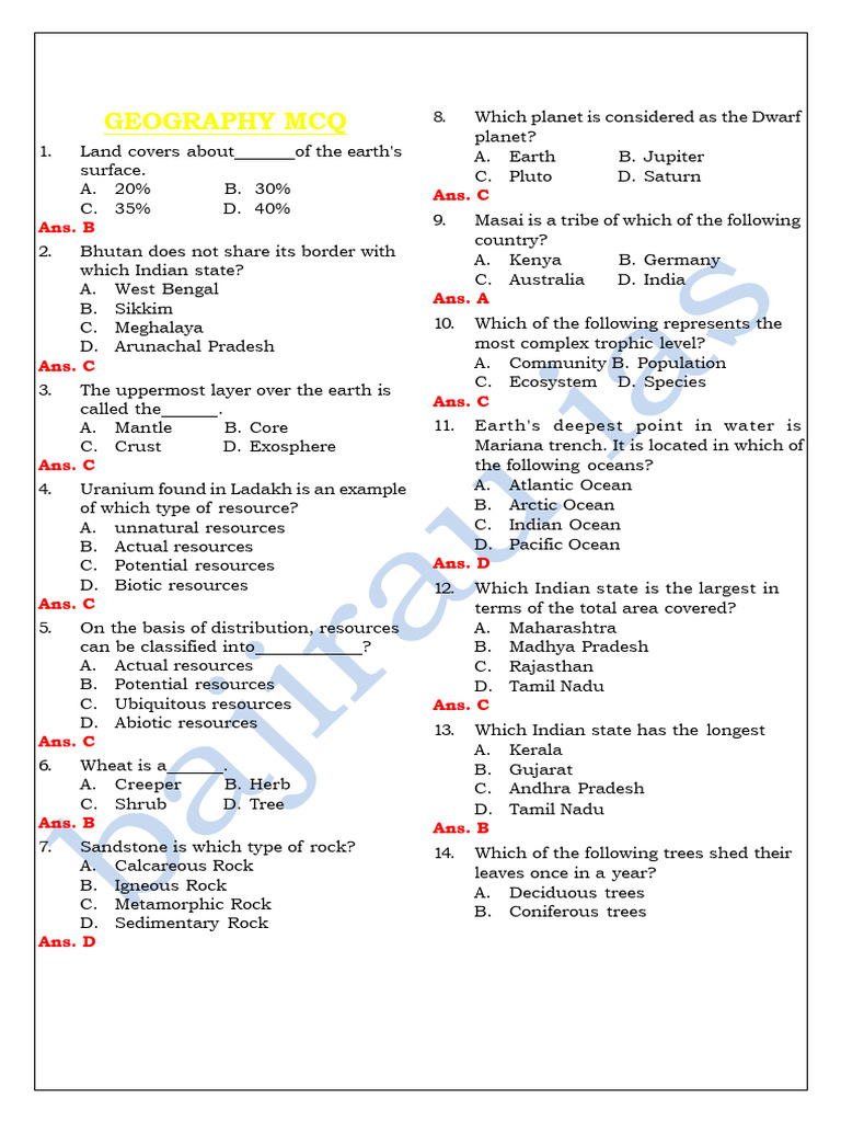 Geography MCQ Questions and Answers | PDF | Himalayas | Earth