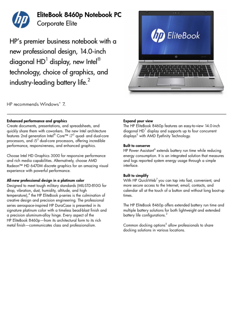 HP Elitebook 8460p Datasheet | Laptop | Intel