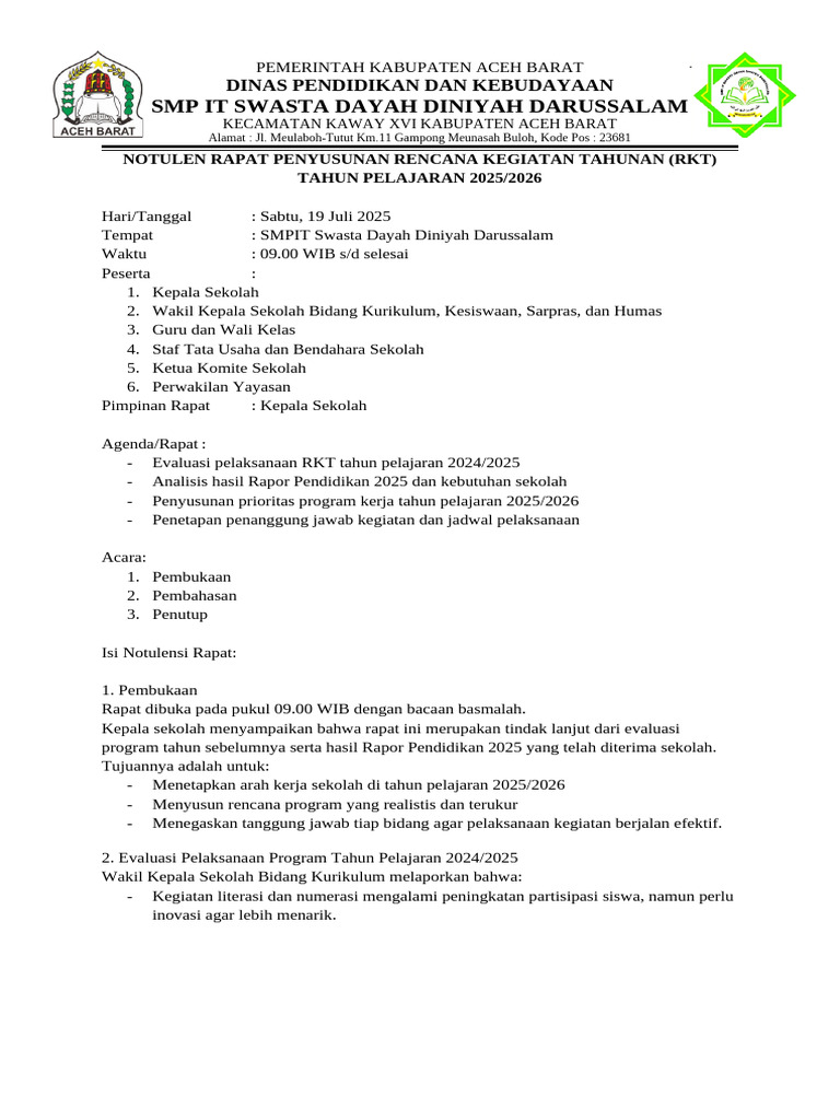 Notulen Rapat Penyusunan RKT 2025/2026 | PDF