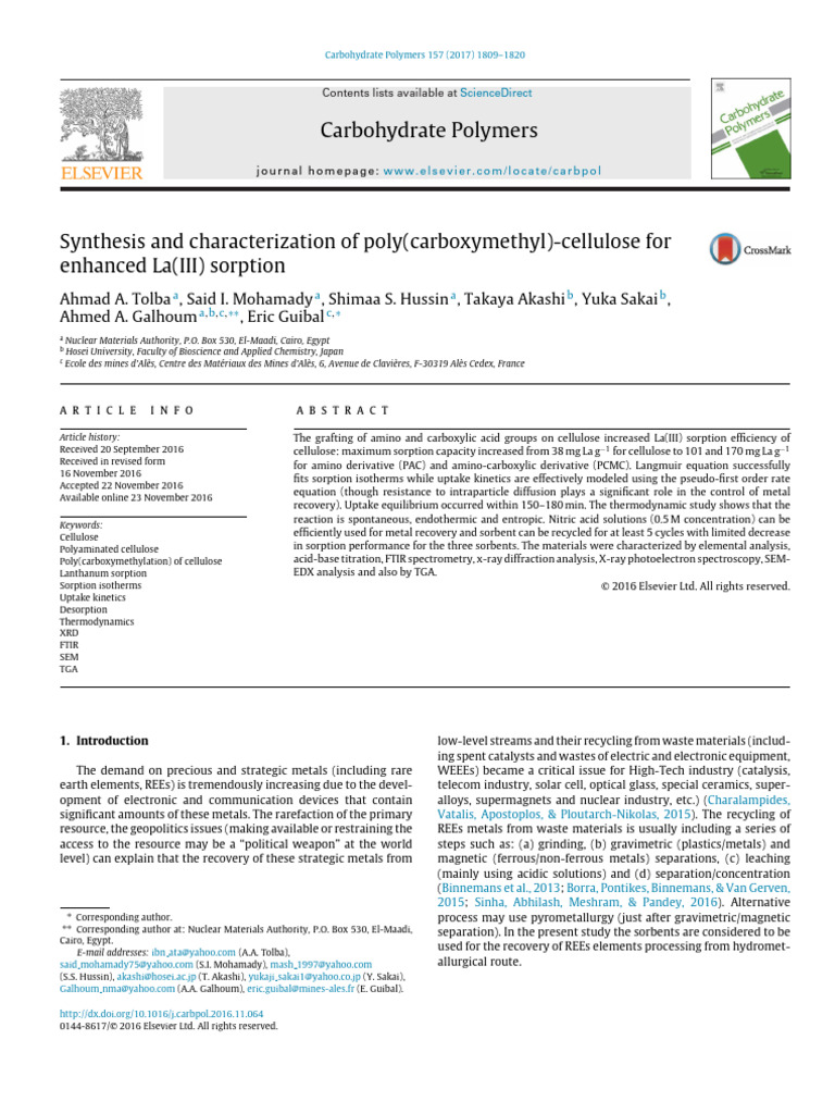Synthesis and Characterization of Poly (Carboxymethyl) - Cellulose For ...