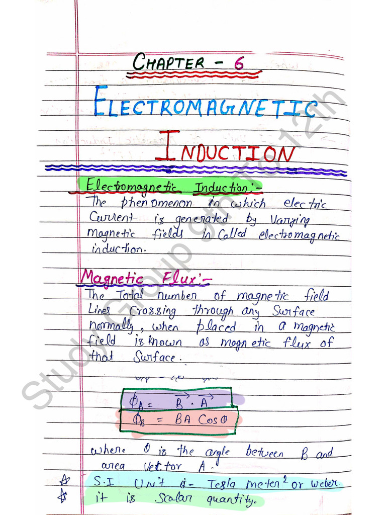 Chapter 6 Electromagnetic Induction Physics Class 12th Handwritten Pdf
