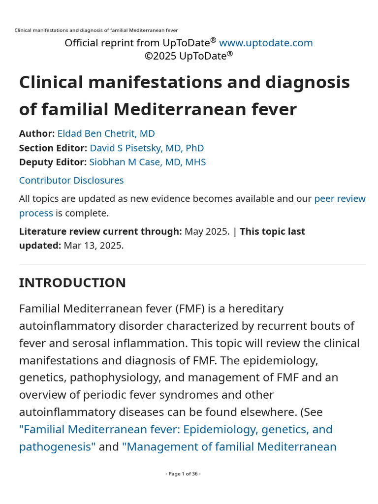 Clinical Manifestations and Diagnosis of Familial Mediterranean Fever ...