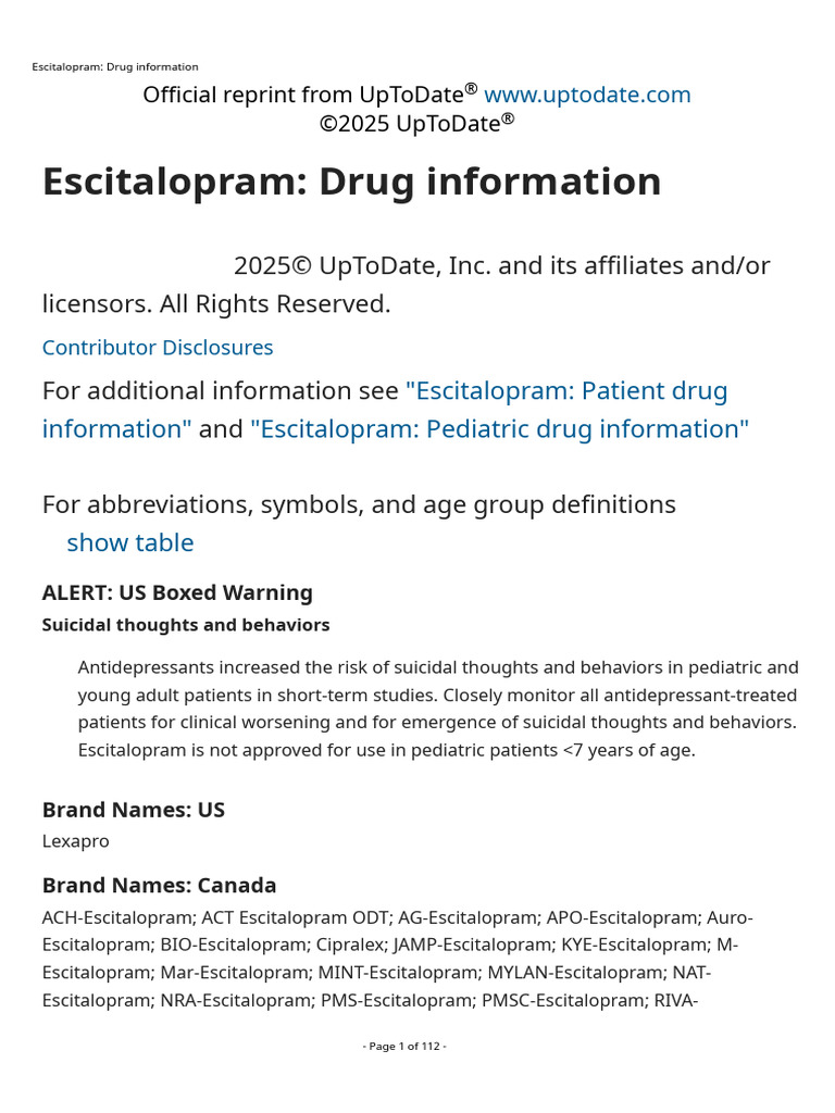Escitalopram - Drug Information | PDF | Selective Serotonin Reuptake  Inhibitor | Antidepressant