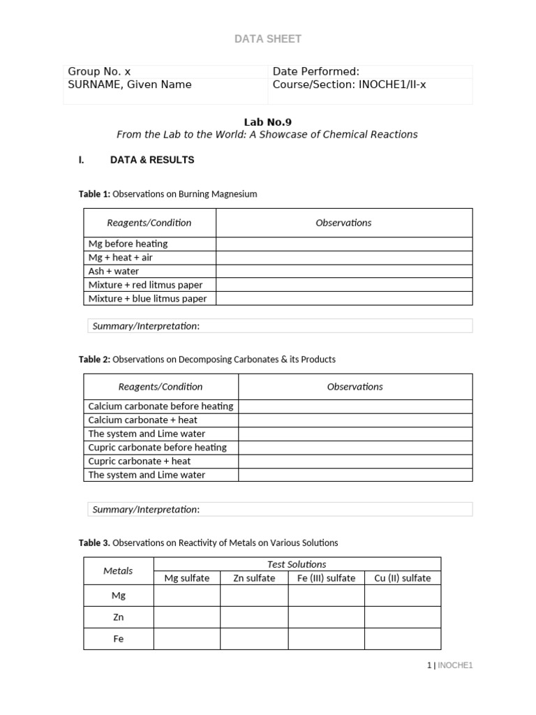 Chemical Reactions Lab Data Sheet | PDF | Magnesium | Chemical Reactions