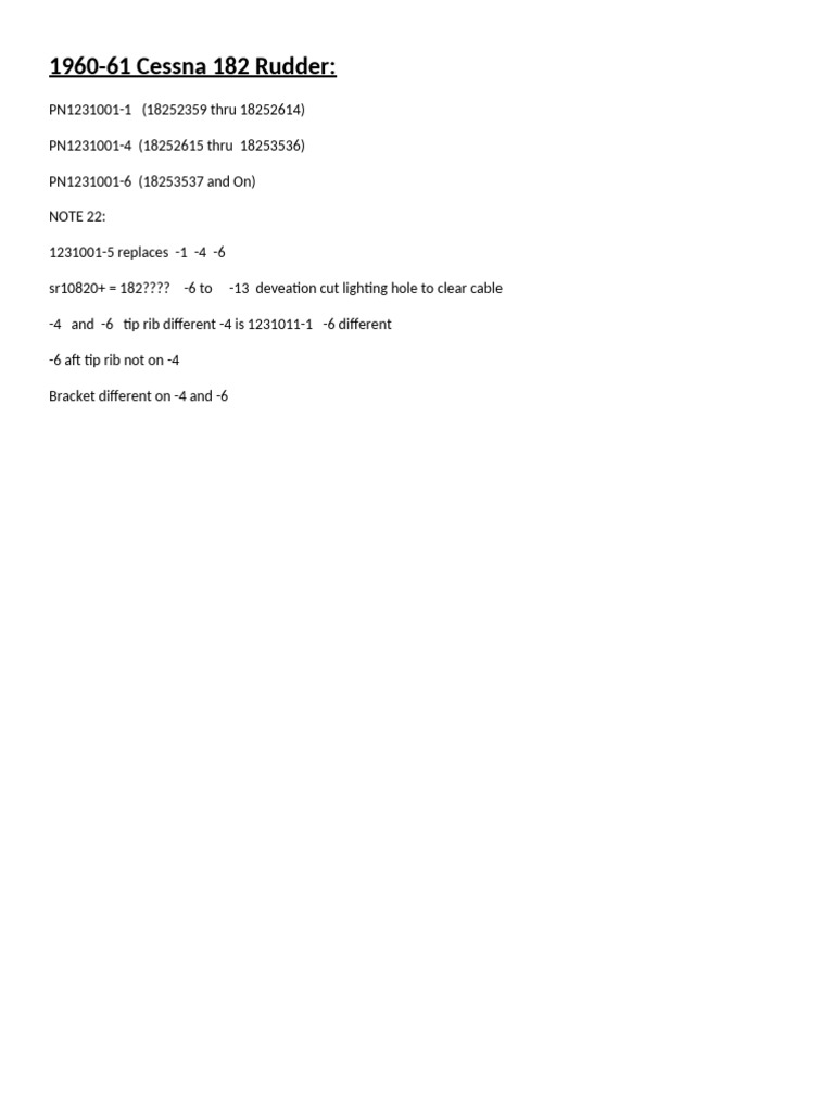 Cessna 182 Rudder Parts Overview | PDF