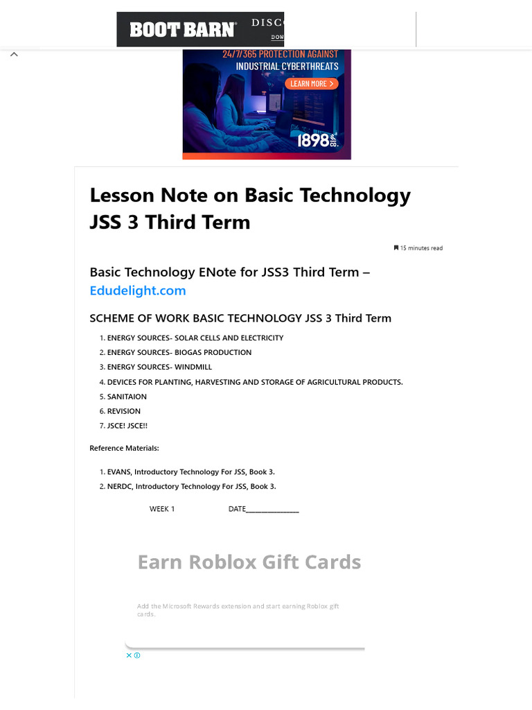 JSS3 Basic Technology Lesson Notes | PDF | Biogas | Agricultural Machinery
