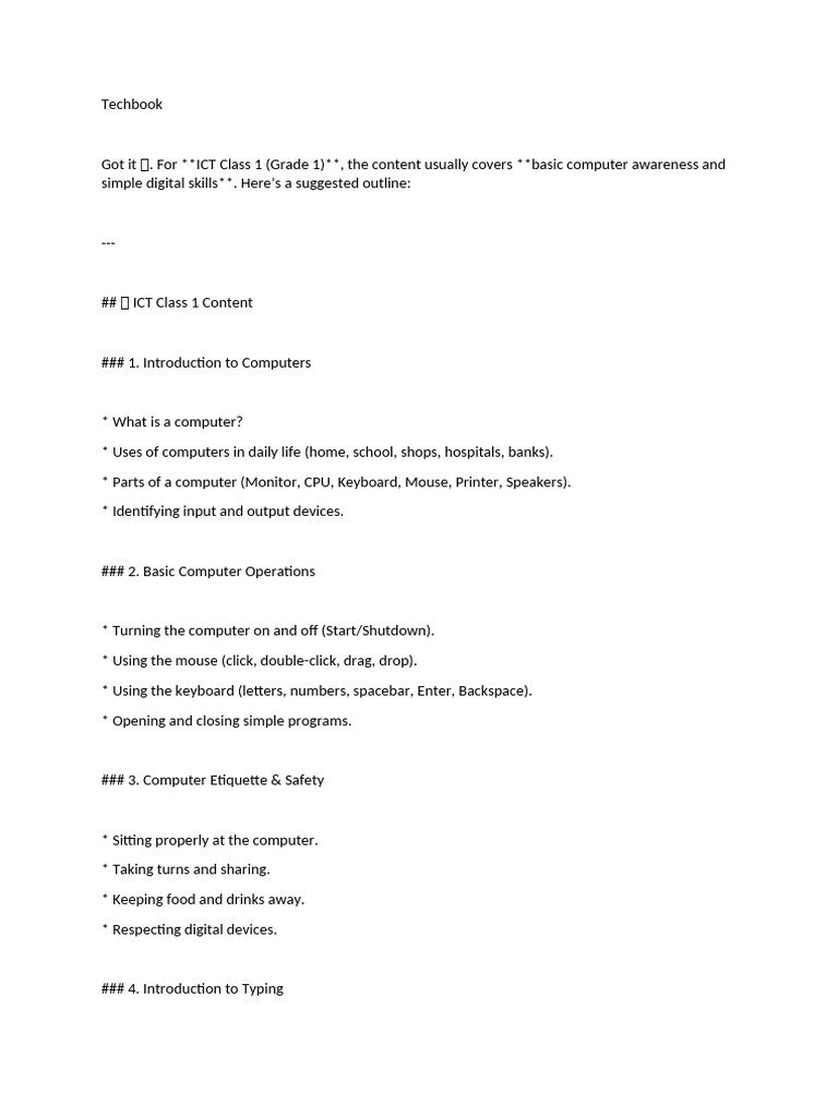 ICT Class 1 Computer Basics Guide | PDF