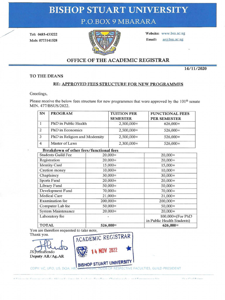 BSU Fees Structure For New Programmes 2022 | PDF