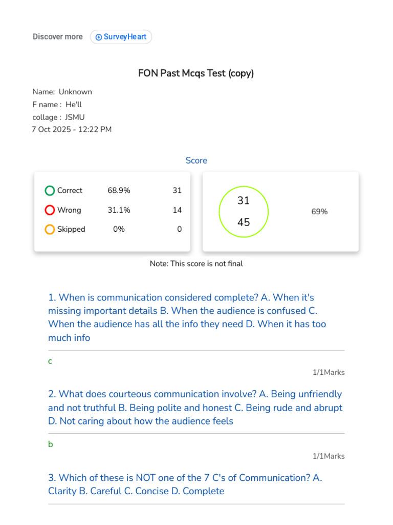 FON Past MCQs Test Results and Insights | PDF | Medical Specialties ...
