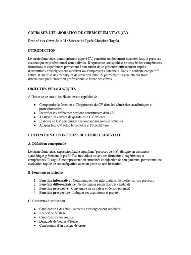 Élaboration d'un CV Efficace pour Élèves | PDF
