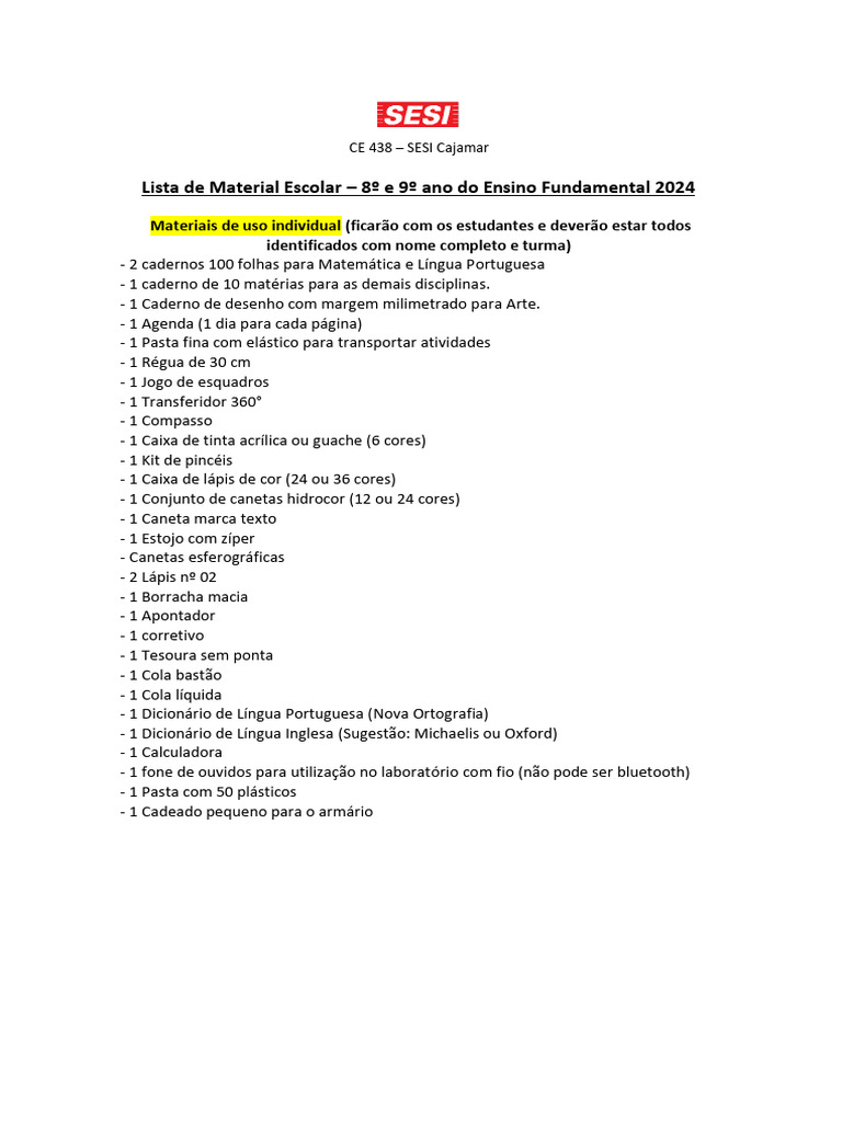 Lista de Material Escolar 8º e 9º Ano 2024 | PDF | Caneta | Papel