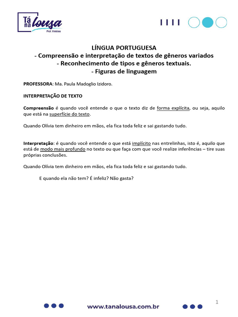 Língua Portuguesa - Compreensão e Interpretação de Textos de Gêneros ...