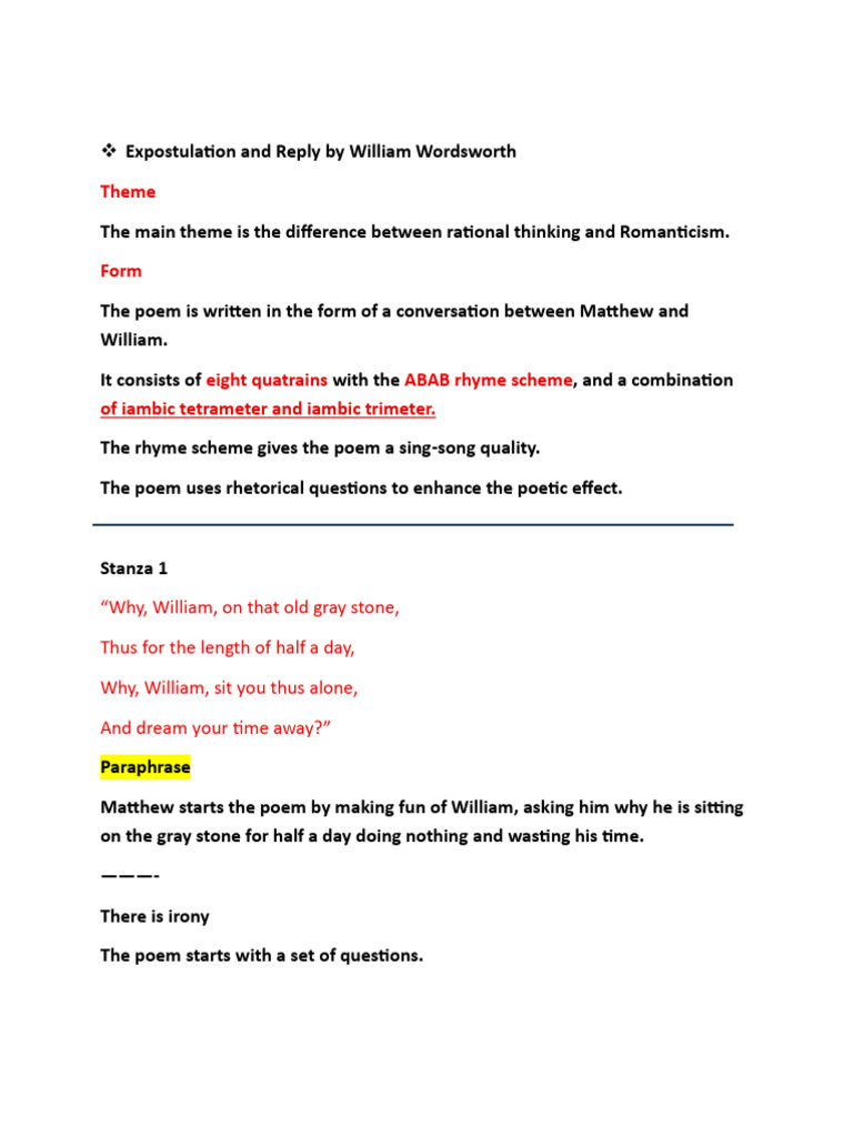 Wordsworth's Expostulation and Reply Analysis | PDF | Poetry | Poetics