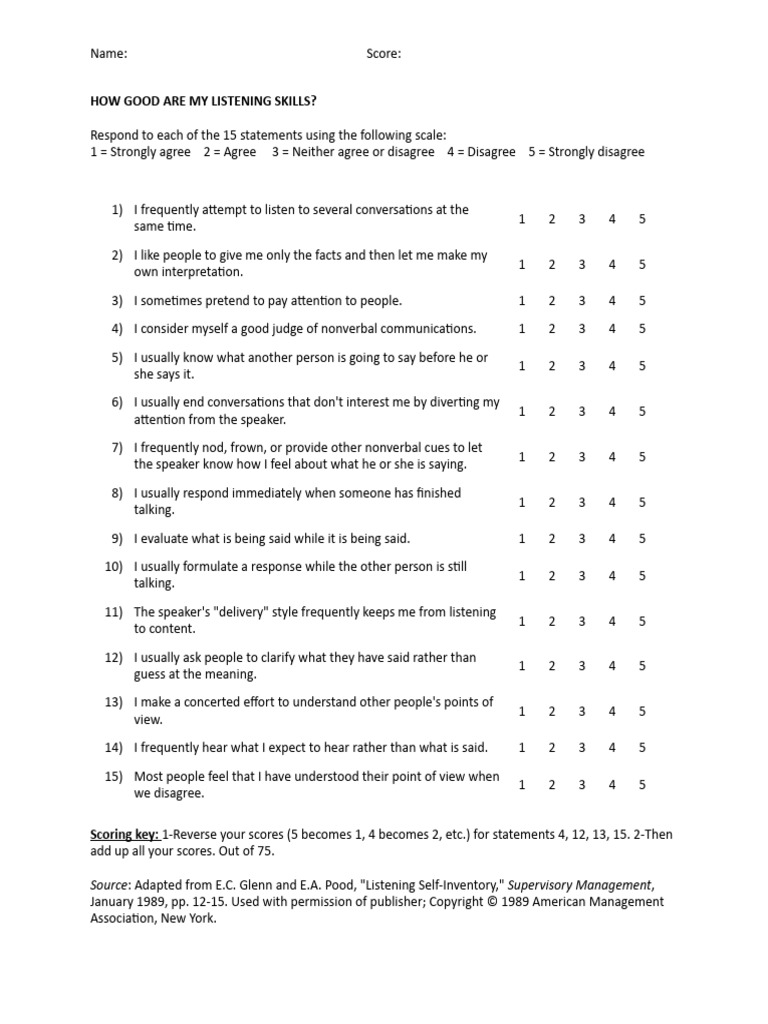 Listening Skills Self-Assessment | PDF | Human Communication ...