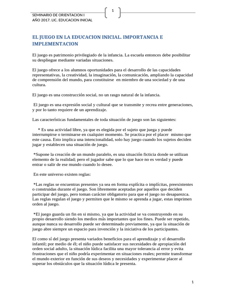 Importancia del Juego en Educación Inicial | PDF | Educación de la ...