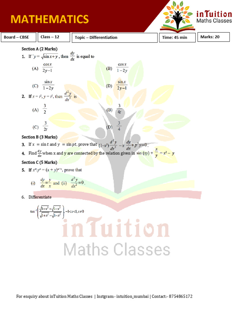 CBSE Class 12 Maths Differentiation Guide | PDF