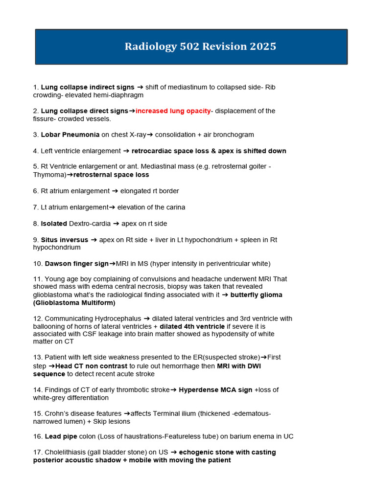 Key Radiological Signs and Findings | PDF | Kidney | Medical Specialties