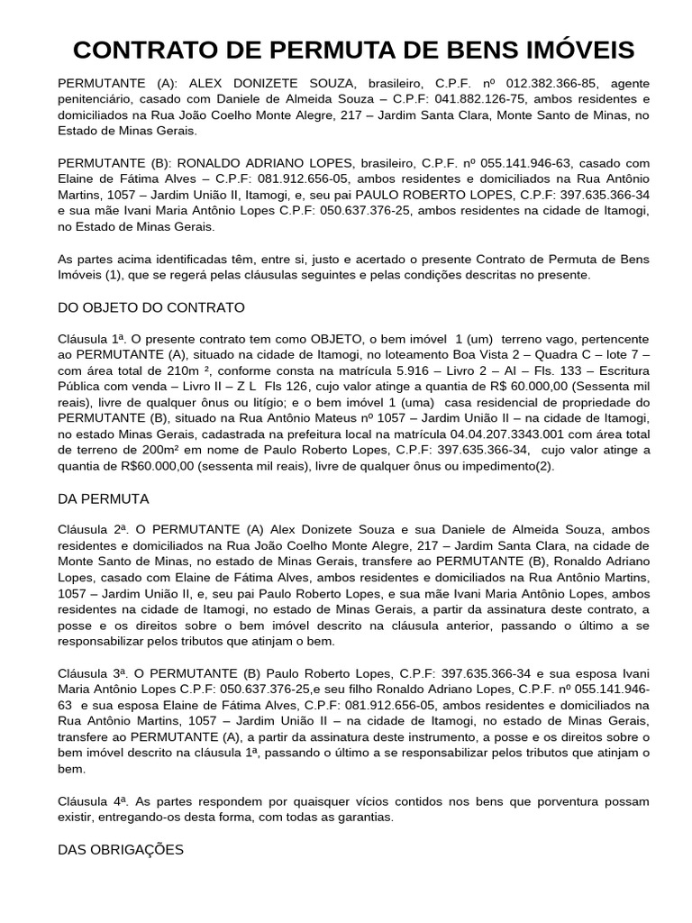 Contrato de Permuta de Imóveis MG | PDF