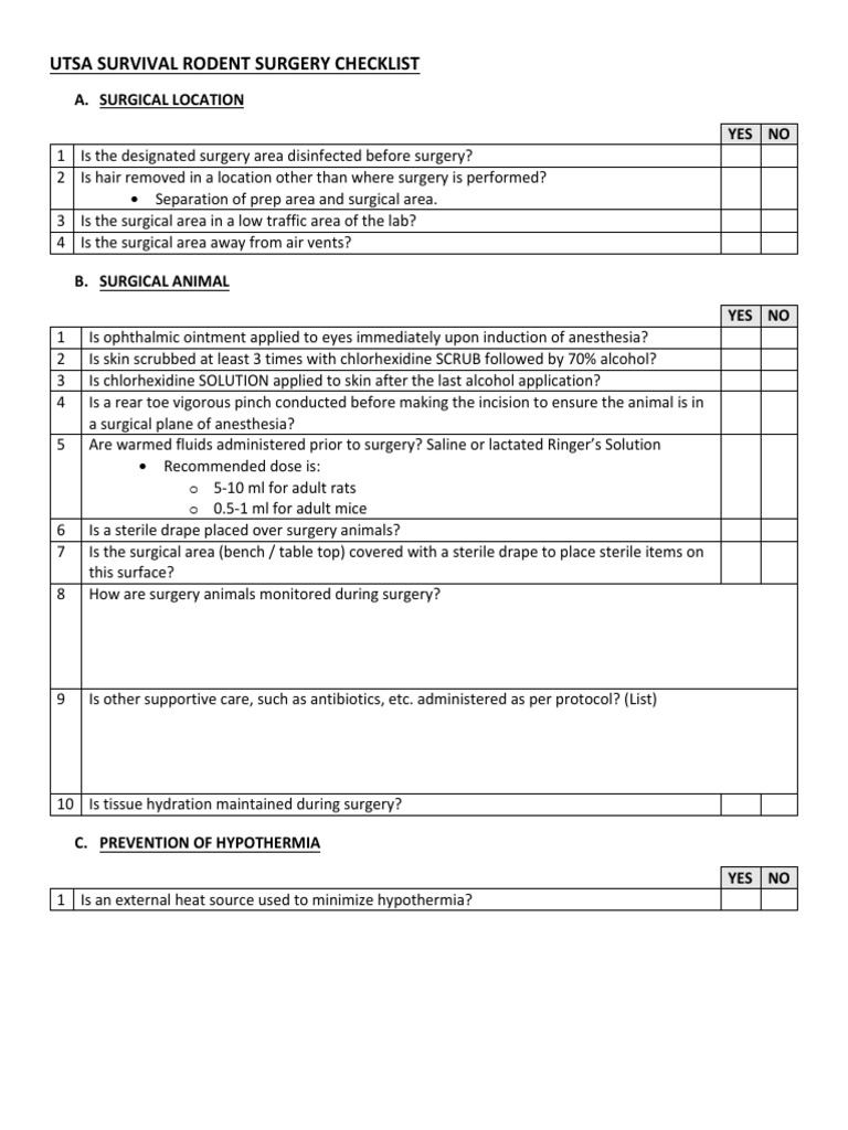 Survival Rodent Surgery Checklist | PDF | Surgery | Clinical Medicine