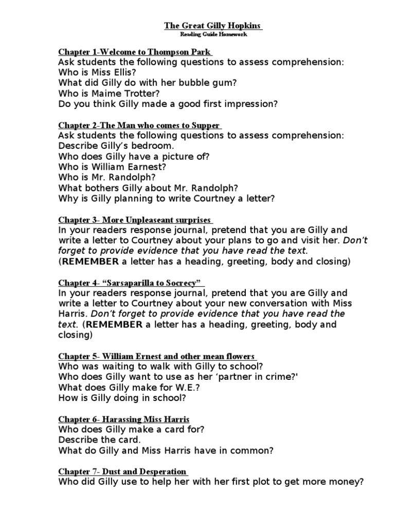The Great Gilly Hopkins Homework Doc Reading Comprehension