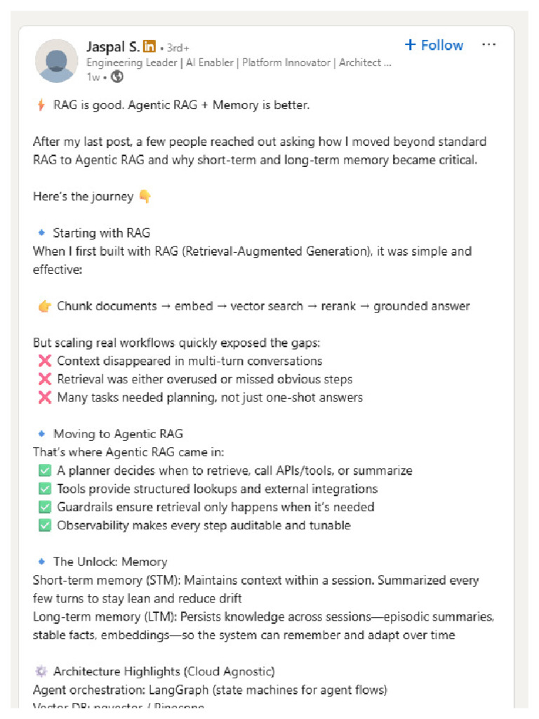 LinkedIn AI - RAG Is Good. Agentic RAG + Memory Is Better | PDF