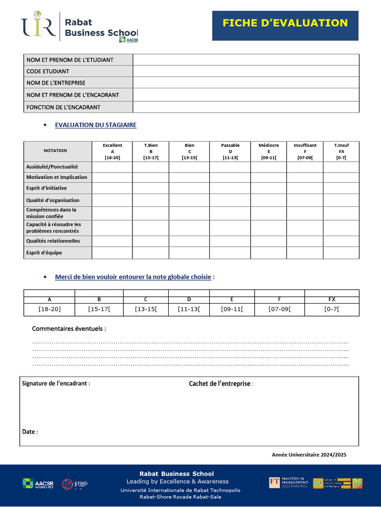 Fiche d'évaluation de stage 2024/2025 | PDF