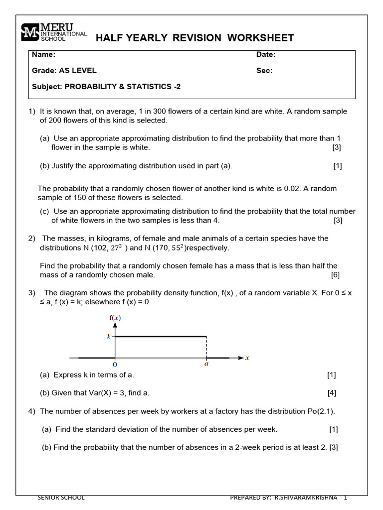 A Level - Half Yearly Revision WORKSHEET | PDF | Probability ...
