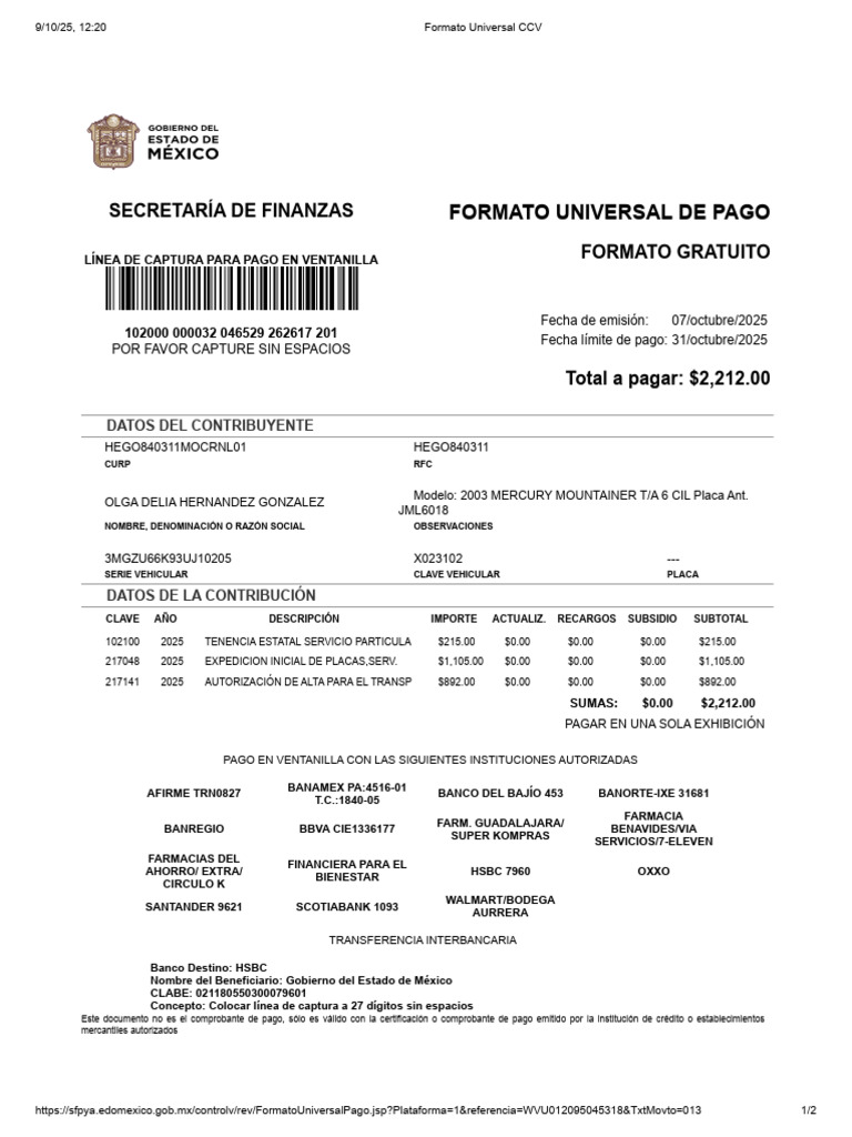 Formato Universal de Pago Tenencia 2025 | PDF | Bancos | Finanzas ...