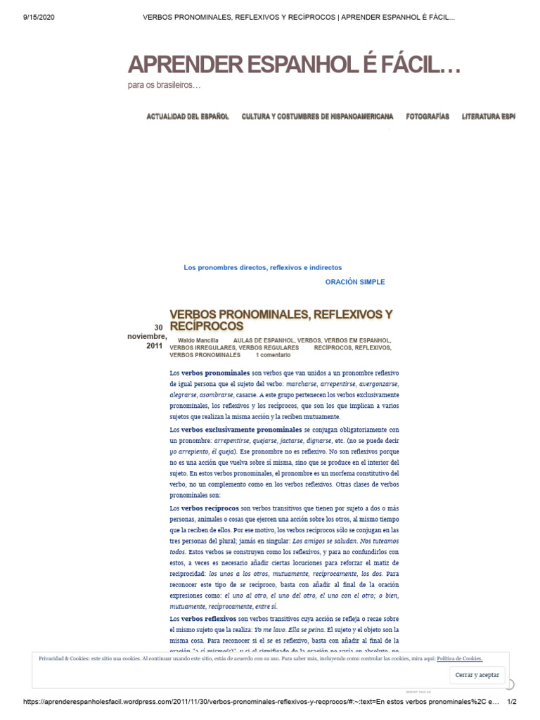 Verbos Pronominales en Español | PDF | Verbo | Pronombre
