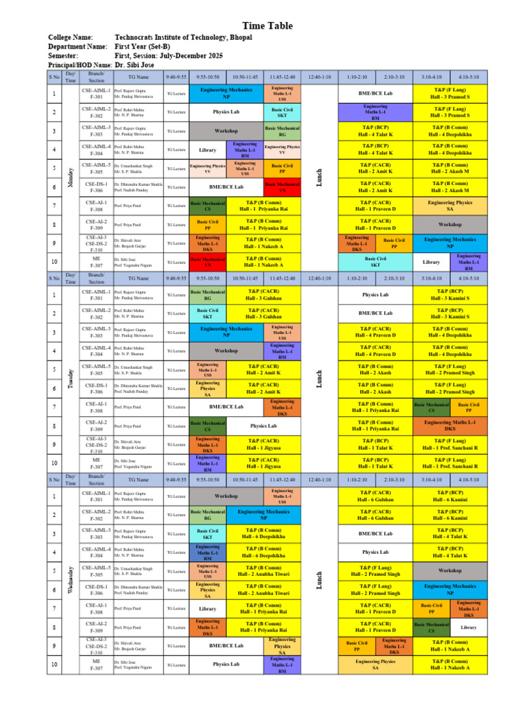First Year Engineering Timetable 2025 | PDF