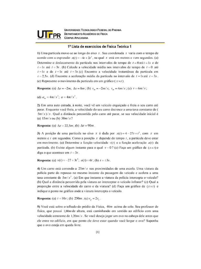 1 Lista de Física Teórica 1 - 2ºsem - 2024 | PDF