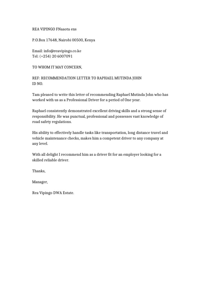 Recommendation for Driver Raphael Mutinda | PDF