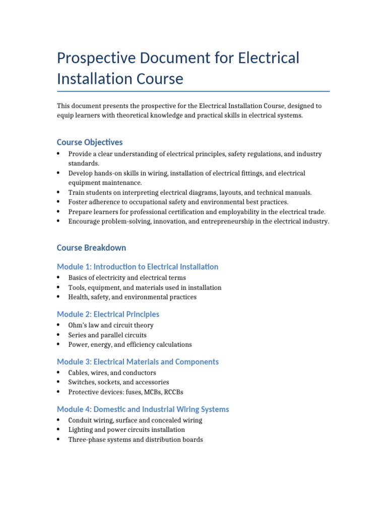 Electrical Installation Course Overview | PDF | Electrical Wiring ...