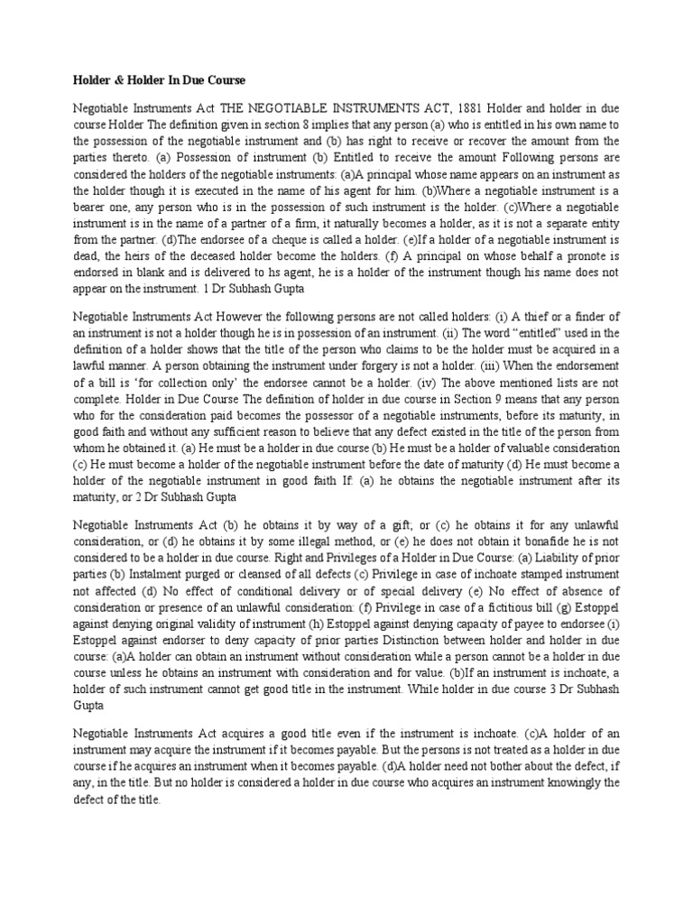 Holder & Holder in Due Course PDF Negotiable Instrument Consideration