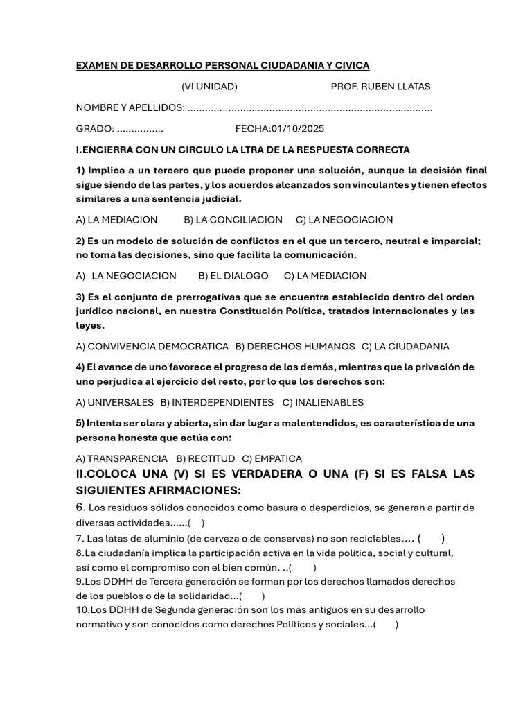 Examen de Desarrollo Personal Ciudadania y Civica 111 | PDF