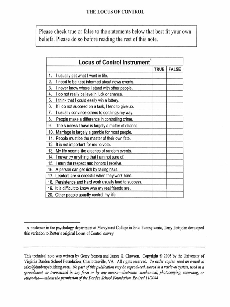 Locus of Control Assessment The Questionnaire 2022 | PDF