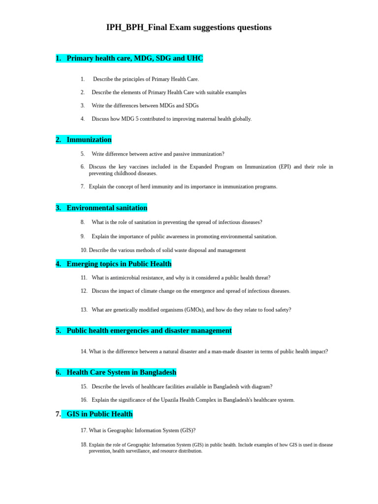 08 10 25 IPH - BPH - Final Exam Suggestions Questions | PDF
