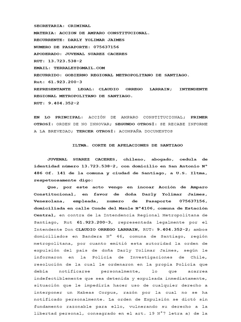 Recurso de Amparo Por Expulsion de Extranjero | PDF | Justicia | Crimen ...