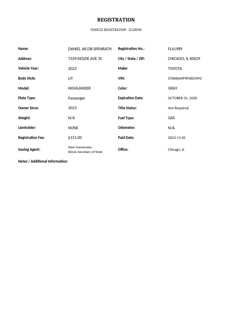 Illinois Vehicle Registration Details | PDF