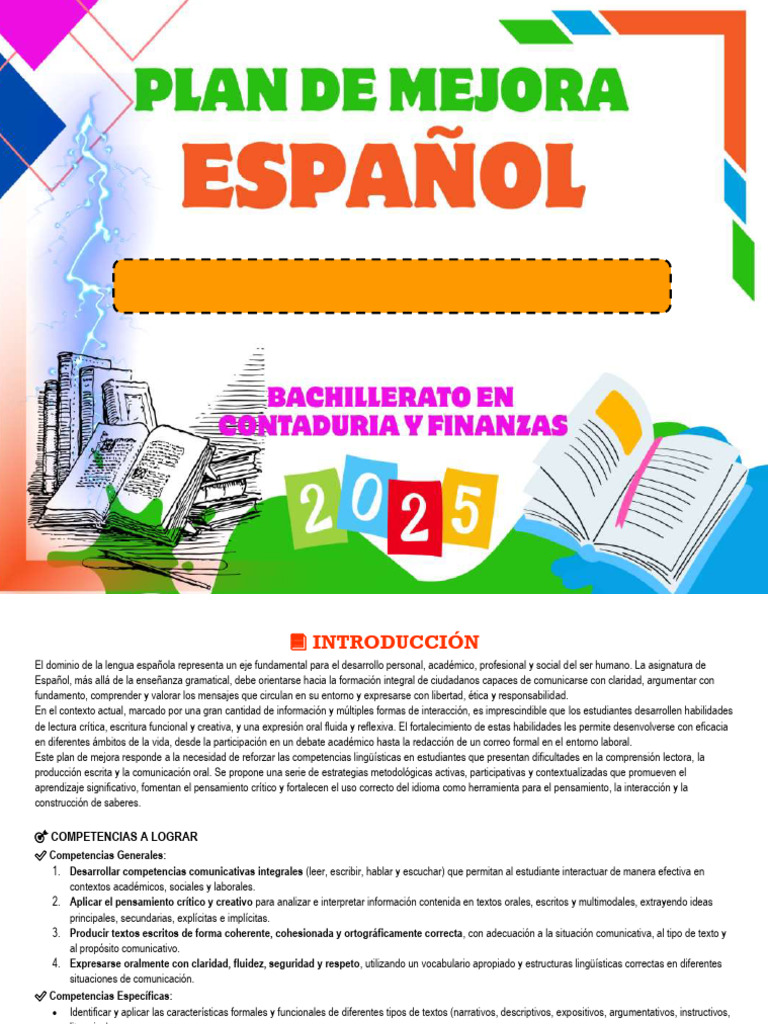 Plan de Mejora en Español 2025 CEM Majad Lempira | PDF | Comprensión ...