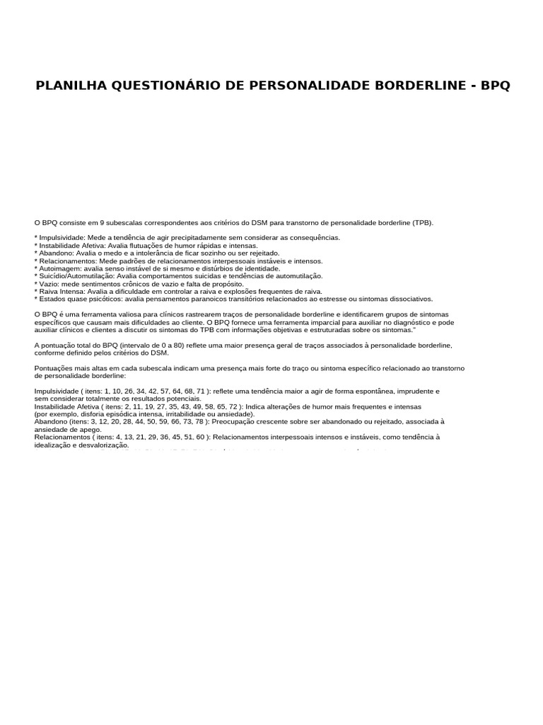 Planilha BPQ: Avaliação Borderline | PDF | Transtorno de personalidade ...