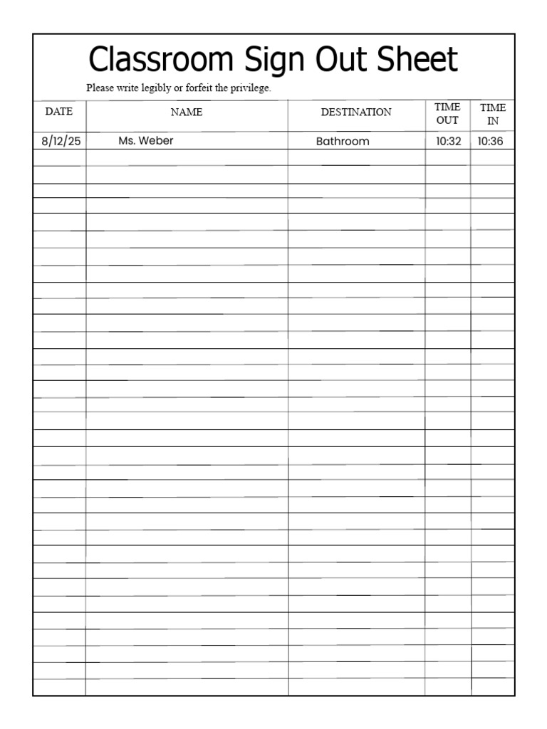 Classroom Sign Out Sheet Template | PDF