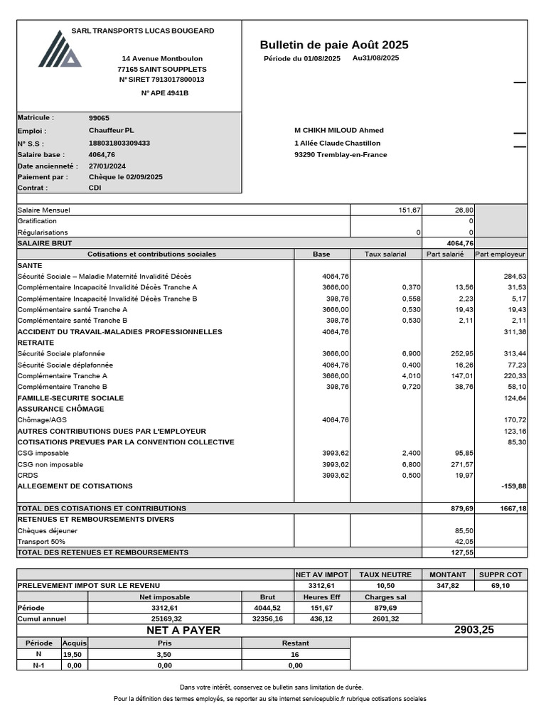 Bulletin de paie d'Août 2025 détaillé | PDF | Salaires | Bulletin de ...