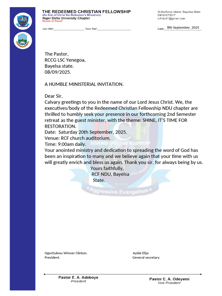 Ministerial Invitation for RCCG Retreat | PDF